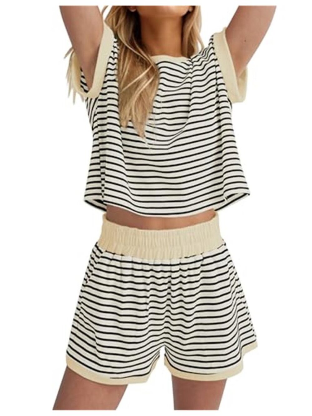 Cream Striped Knit 2 Piece Lounge Set Crop Tee & Shorts Outfit